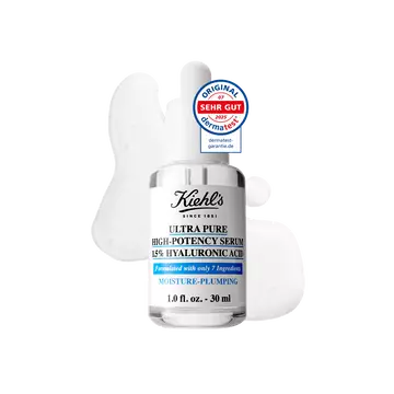 Eine 30-ml-Flasche Kiehl's Ultra Pure 1.5% Hyaluronic Acid Serum vor weißem Hintergrund.