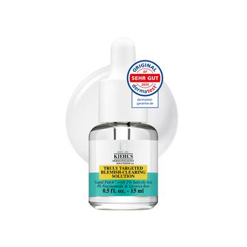 Eine 15-ml-Flasche Kiehl's Truly-Targeted Blemish-Clearing Solution vor weißem Hintergrund.