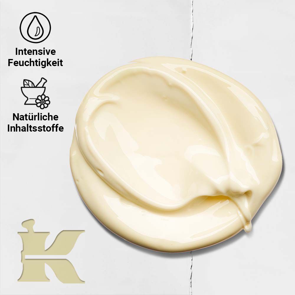 Texturfoto der Creme de Corps mit Symbolen, die bestatigen, dass sie Feuchtigkeit spendet und naturliche Inhaltsstoffe enthalt