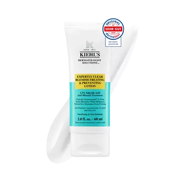 Eine 60-ml-Tube Kiehl's Expertly Clear Blemish-Treating & Preventing Lotion vor weißem Hintergrund.