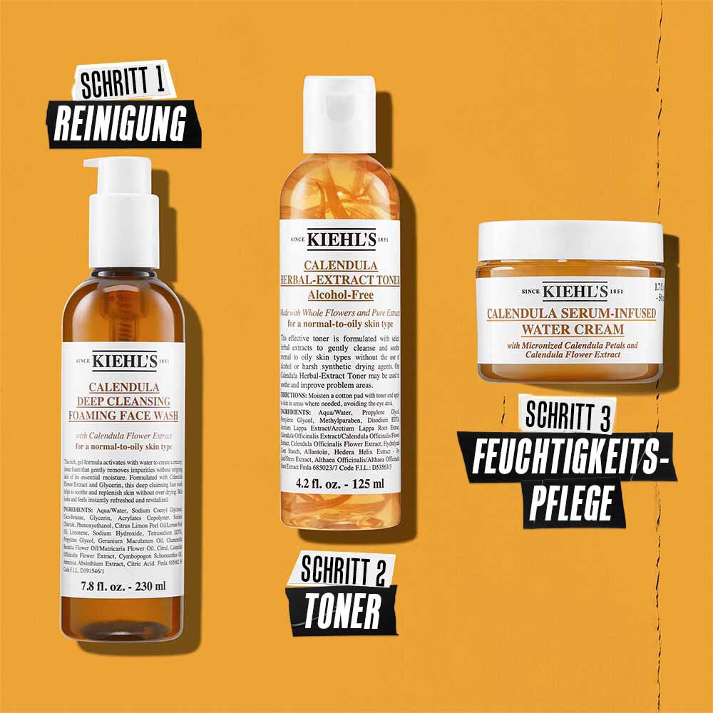 Routine-Illustration mit Kiehl's Calendula Foaming Face Wash – Reinigen, Tonisieren, Hydratisieren