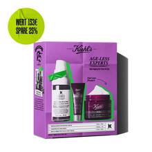 Kiehl's "Age-Less Experts" anti-aging skincare set, featuring a retinol serum, eye cream, and multi-corrective cream.