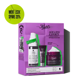 Kiehl's "Age-Less Experts" anti-aging skincare set, featuring a retinol serum, eye cream, and multi-corrective cream.