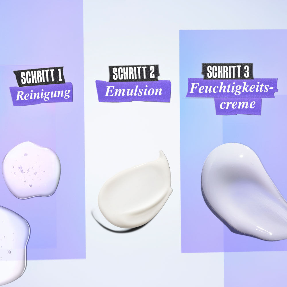  SCHRITT 1 Reinigung, SCHRITT 2 Emulsion, SCHRITT 3 Feuchtigkeitscreme