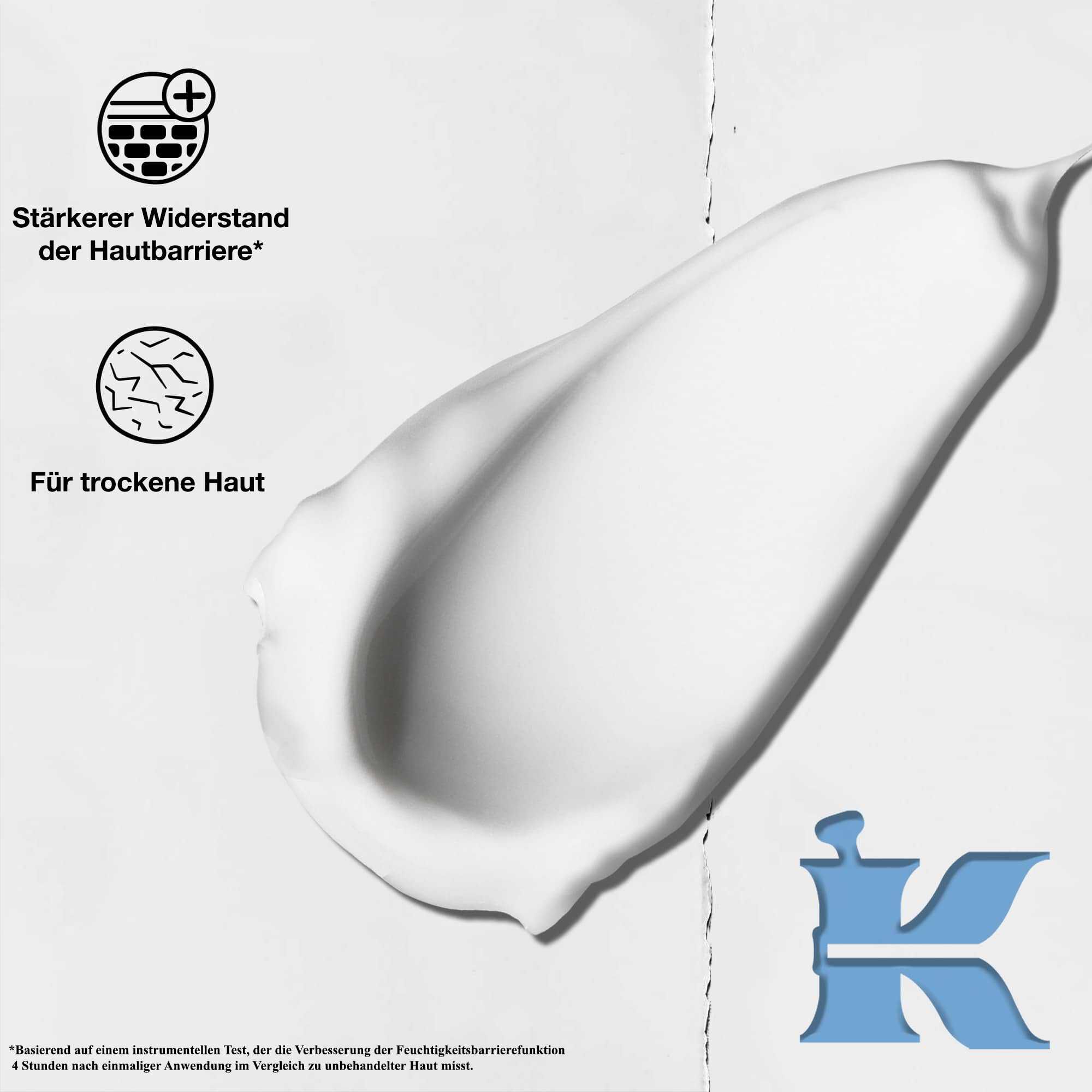 Texturfoto mit Symbolen, die bestatigen, dass es die Hautbarriere starkt und fur trockene Haut geeignet ist