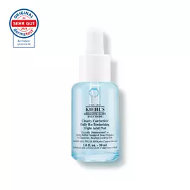 Eine 30-ml-Flasche Kiehl's Clearly Corrective Triple Acid Peel mit einer klaren Flussigkeit vor weißem Hintergrund.