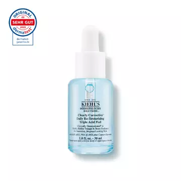 Eine 30-ml-Flasche Kiehl's Clearly Corrective Triple Acid Peel mit einer klaren Flussigkeit vor weißem Hintergrund.