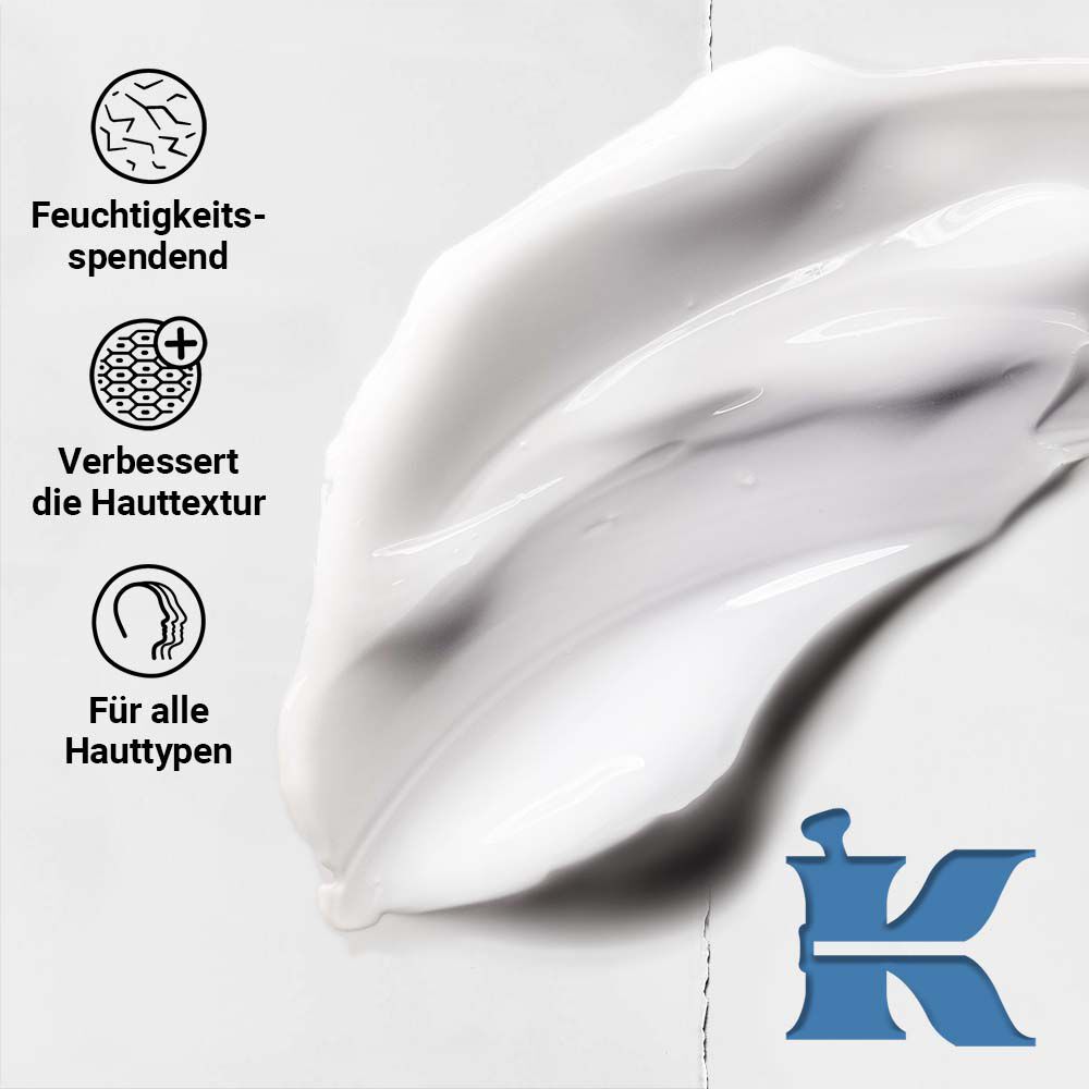 Produkttextur-Foto mit dem Hinweis, dass es Trockenheit reduziert, die Textur verbessert und fur alle Hauttypen geeignet ist