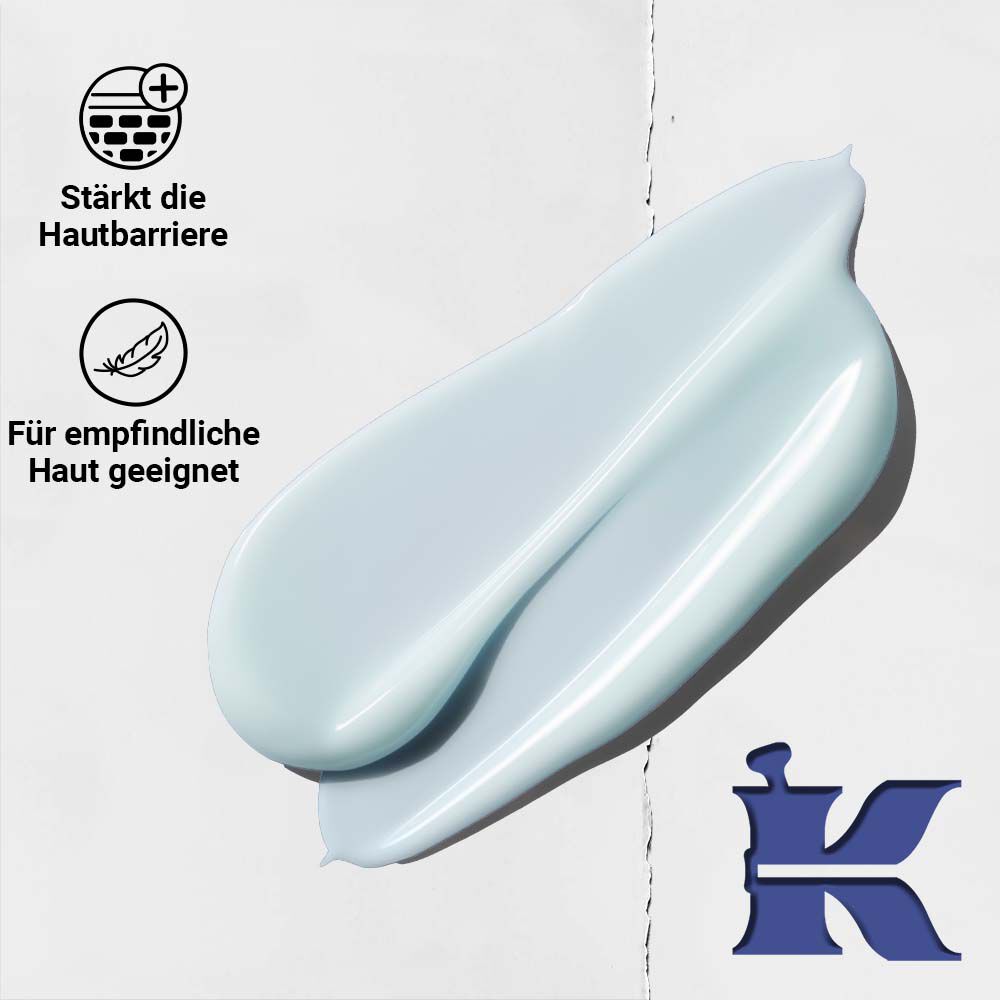 Texturfoto von Facial Fuel mit Symbolen, die bestatigen, dass es die Hautbarriere starkt und fur empfindliche Haut geeignet ist