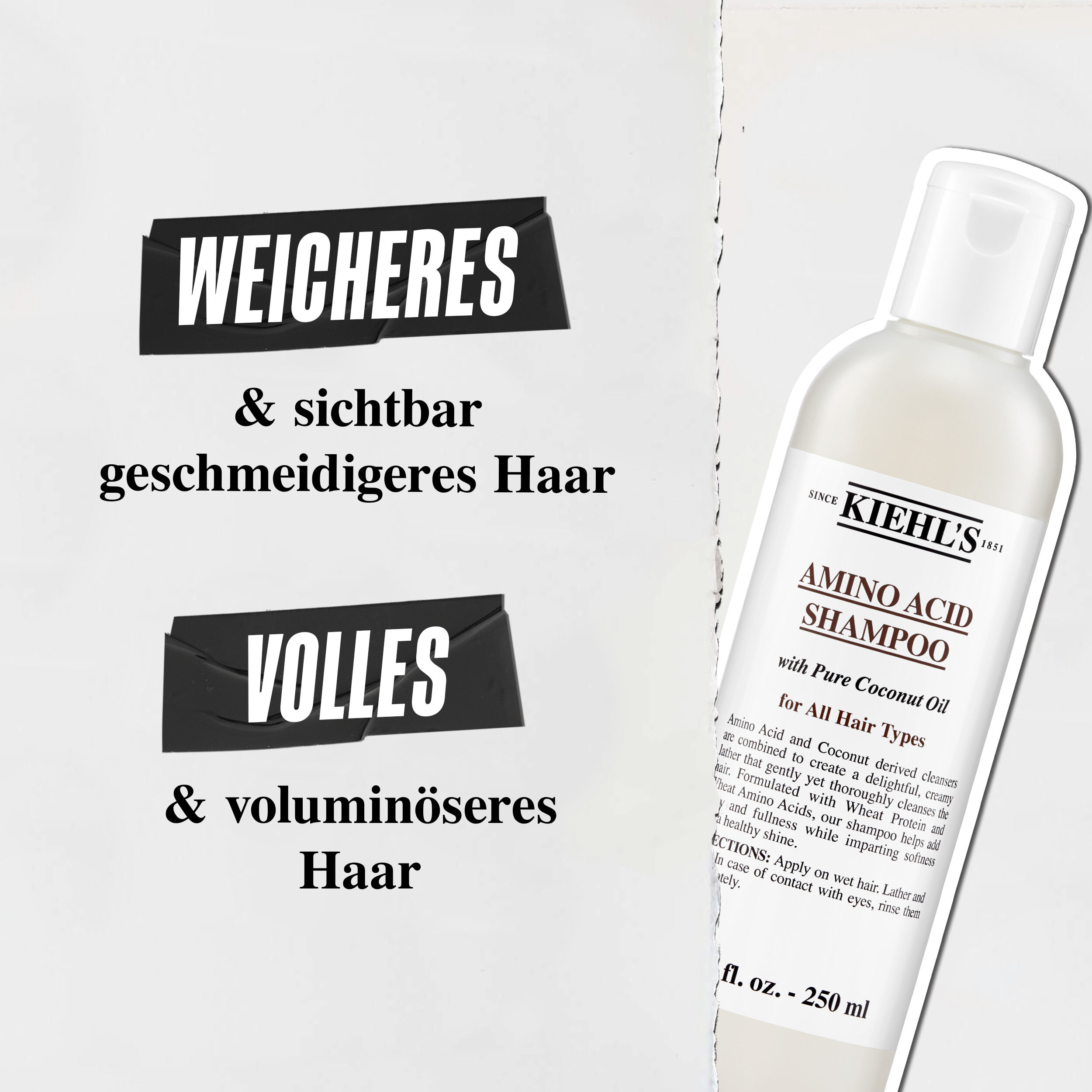 Modell mit Schnurrbart und einer Flasche Kiehl's Amino Acid Shampoo