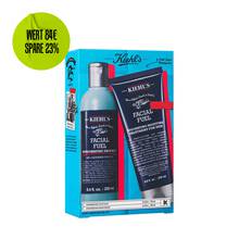 Kiehl's Facial Fuel men's skincare set, including invigorating face wash and energizing moisturizer in a blue box.