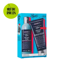 Kiehl's Facial Fuel men's skincare set, including invigorating face wash and energizing moisturizer in a blue box.