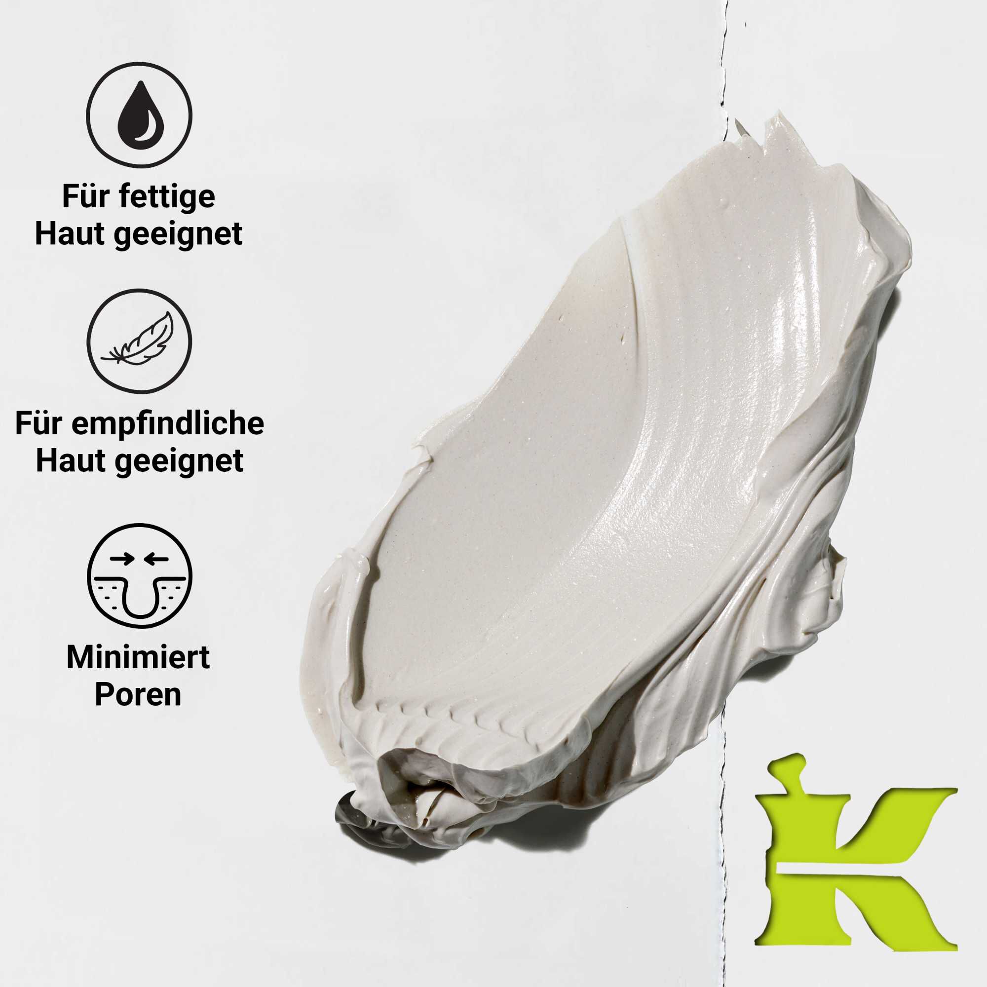 Texturfoto mit Symbolen, die bestatigen, dass es Poren reduziert, naturliche Inhaltsstoffe enthalt und fur alle Hauttypen geeignet ist