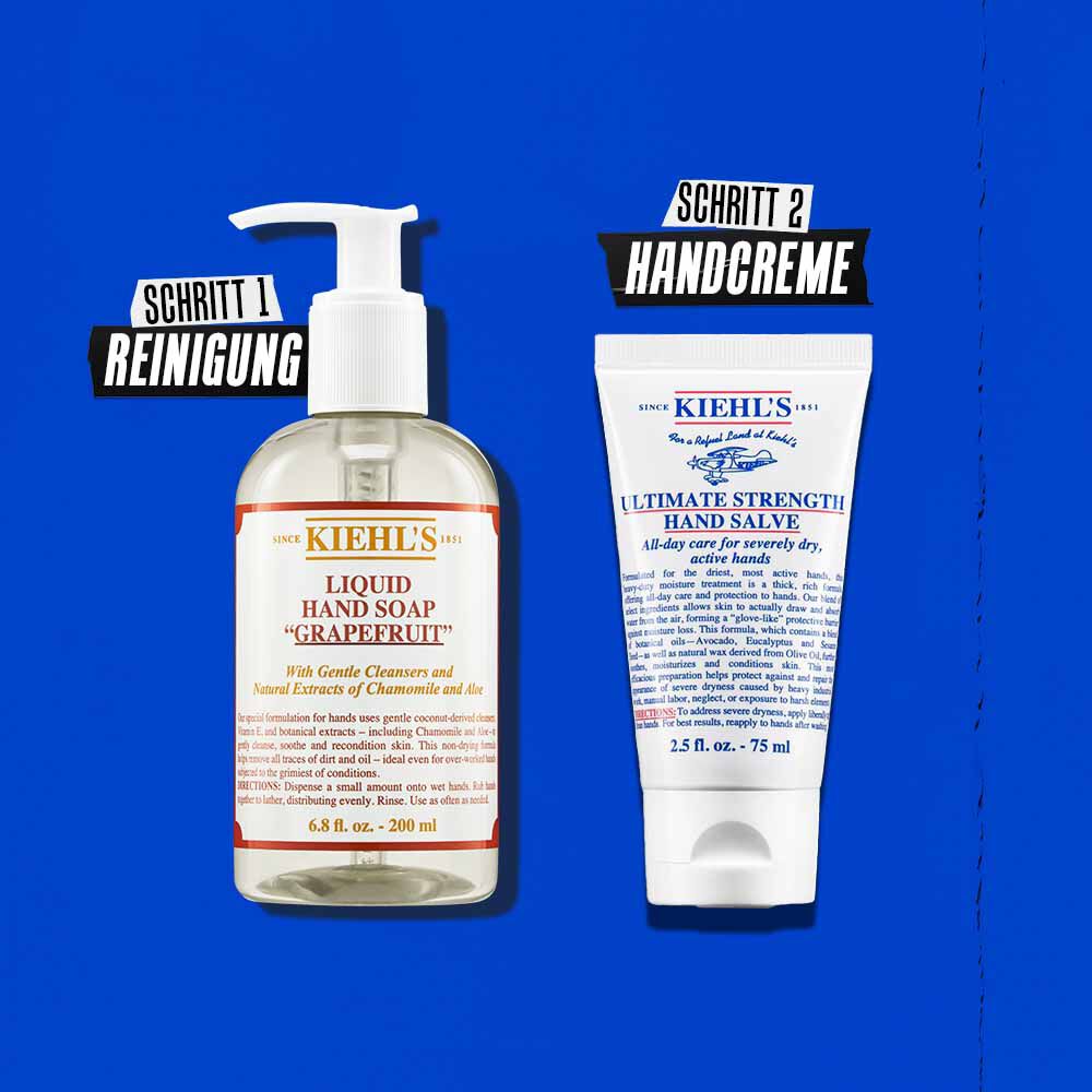 Routine-Illustration mit Kiehl's Ultimate Strength Hand Salve – Reinigen, Feuchtigkeit spenden
