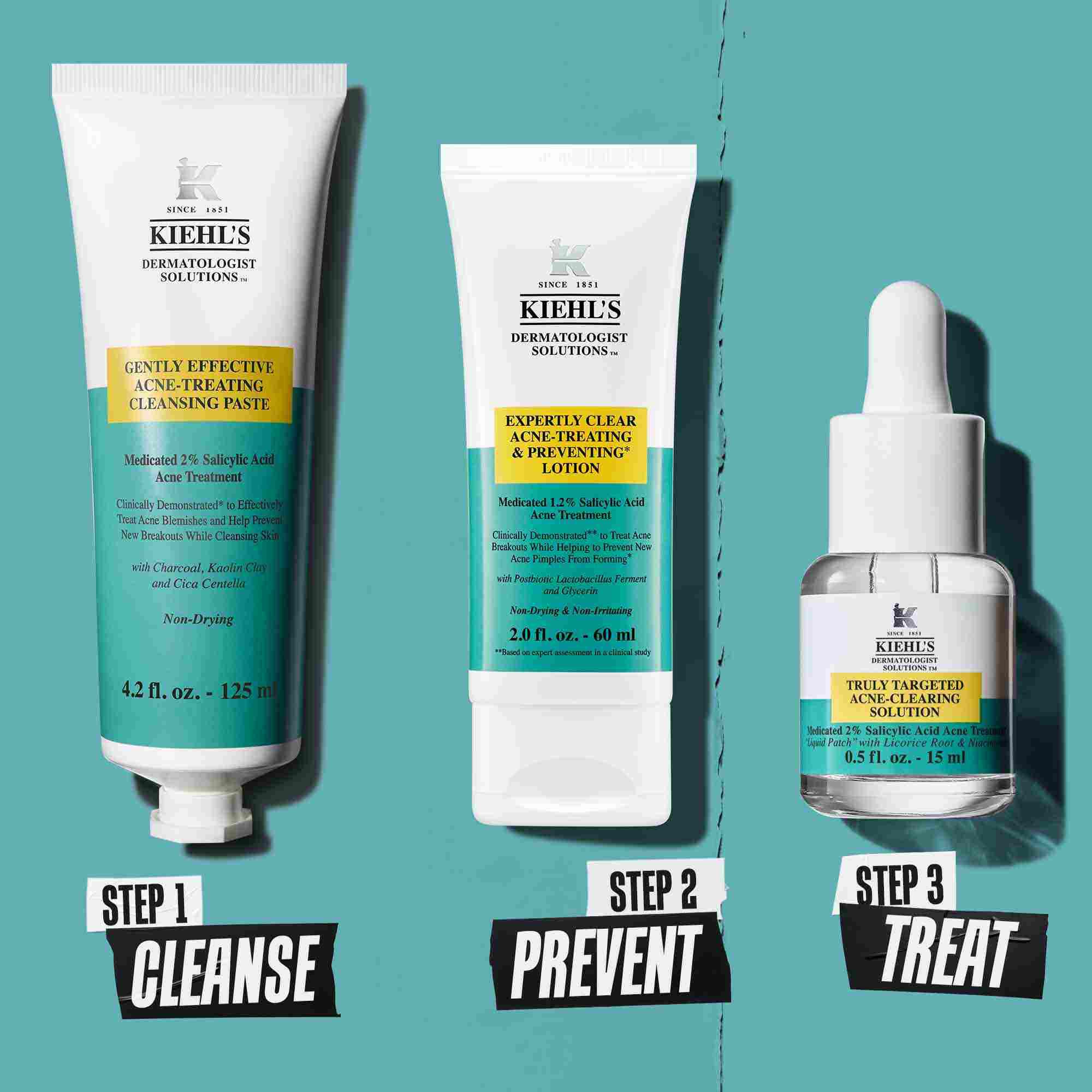 Eine dreistufige Routine zur Beseitigung von Unreinheiten mit Kiehl's Produkten. Schritt 1: Blemish-Treating Cleansing Paste. Schritt 2: Blemish-Treating & Preventing Lotion. Schritt 3: Truly-Targeted Blemish-Clearing Solution.