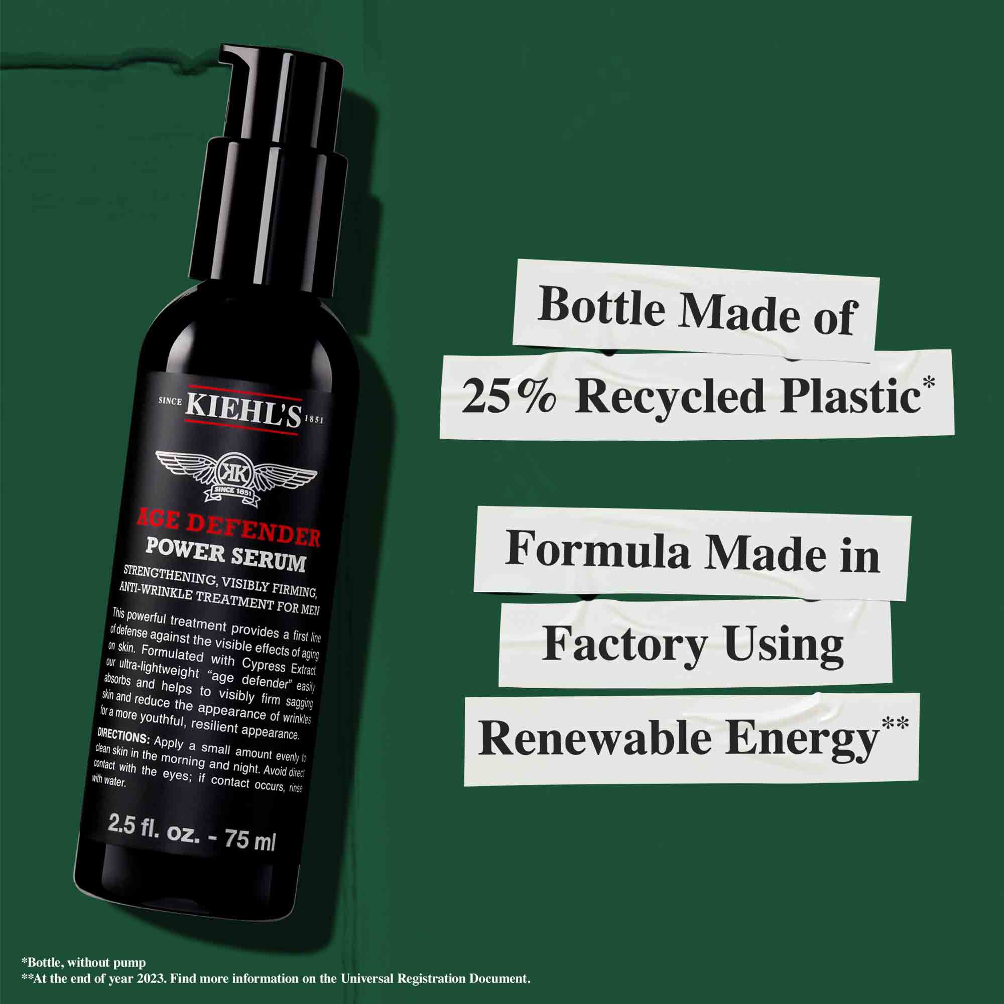 Flasche des Age Defender Power Serum aus 25 % recyceltem Kunststoff; Formel hergestellt in einem Werk mit erneuerbarer Energie.