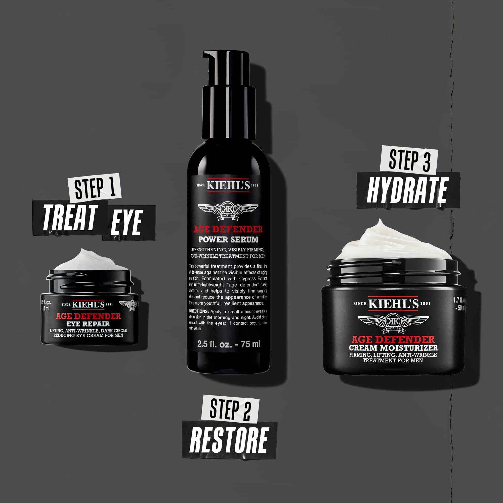 Drei-Schritte Age Defender Routine: Schritt 1: Augenpflege. Schritt 2: Hydratisierendes Serum. Schritt 3: Regenerieren mit Creme.