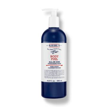 Eine Flasche Kiehl's Body Fuel All-In-One Energizing Wash vor weißem Hintergrund.