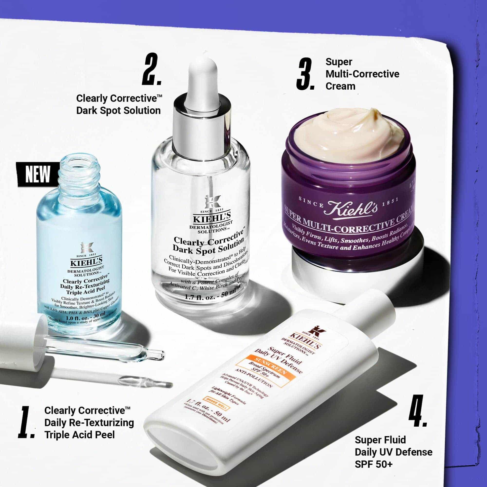 Vierstufige Hautpflegeroutine mit Clearly Corrective Dark Spot Solution.