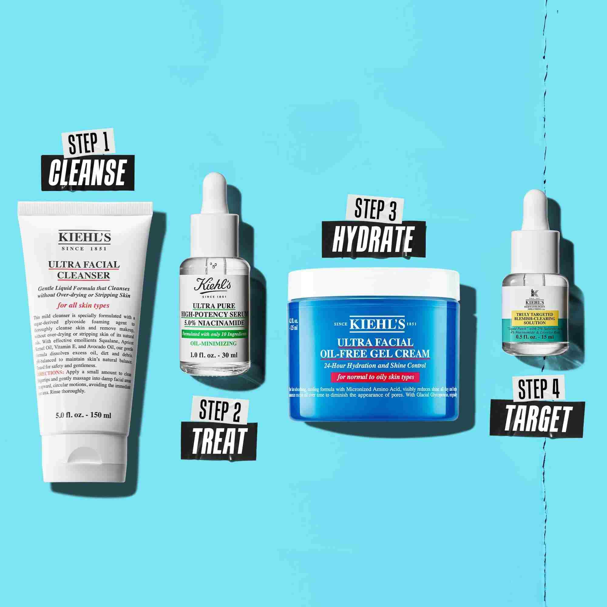 Eine Routine-Grafik mit Ultra Facial Cleanser, Niacinamid, Ultra Facial Oil-Free Gel Cream und Akne-Losung.