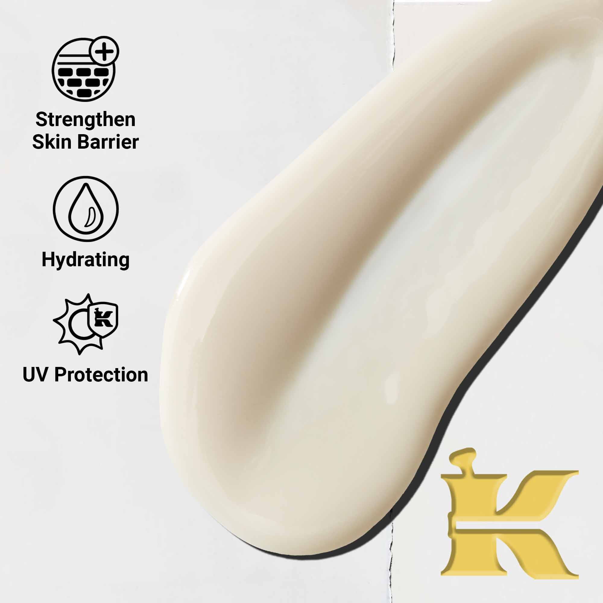 Nahaufnahme der Textur von Ultra-Light Daily UV Defense. Der Text hebt den leichten, feuchtigkeitsspendenden und breitbandigen UV-Schutz hervor.