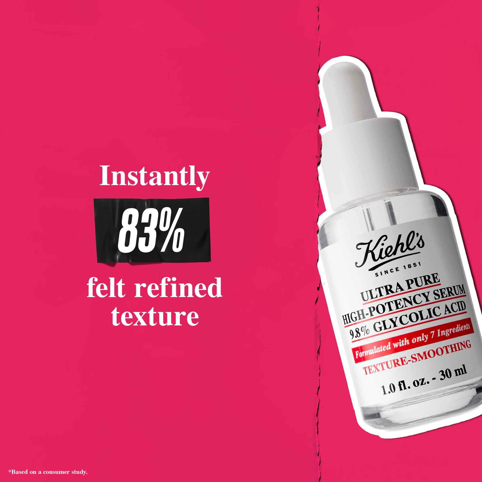 Eine Flasche Ultra Pure 9.8% Glycolic Acid Serum vor rosa Hintergrund mit dem Text: „Sofort spurten 83 % eine verfeinerte Textur.“