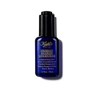 Eine 30-ml-Flasche Kiehl's Midnight Recovery Concentrate Gesichtsol vor weißem Hintergrund.
