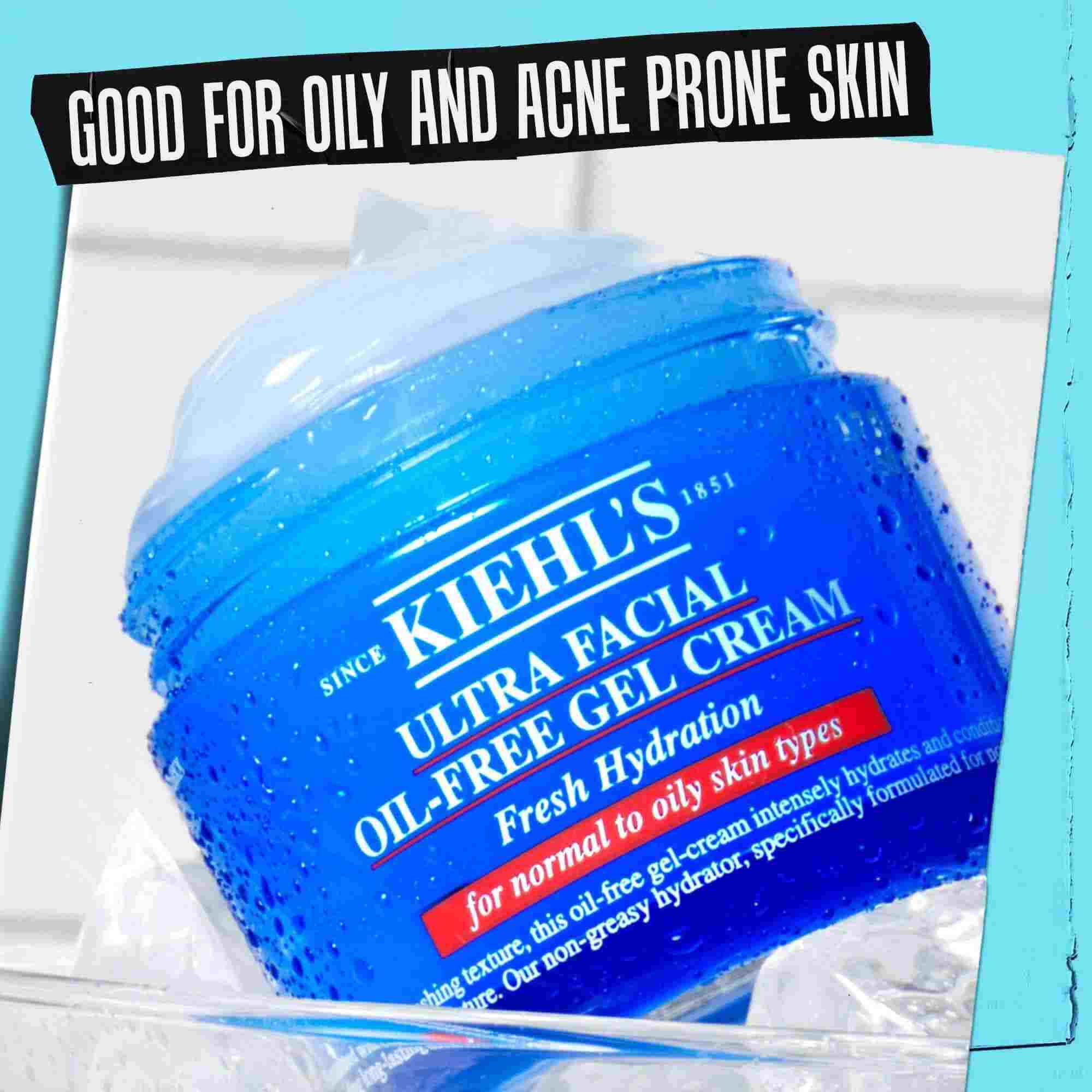 Ein Tiegel Ultra Facial Oil-Free Gel Cream mit der Aufschrift „Gut fur fettige und zu Akne neigende Haut.“