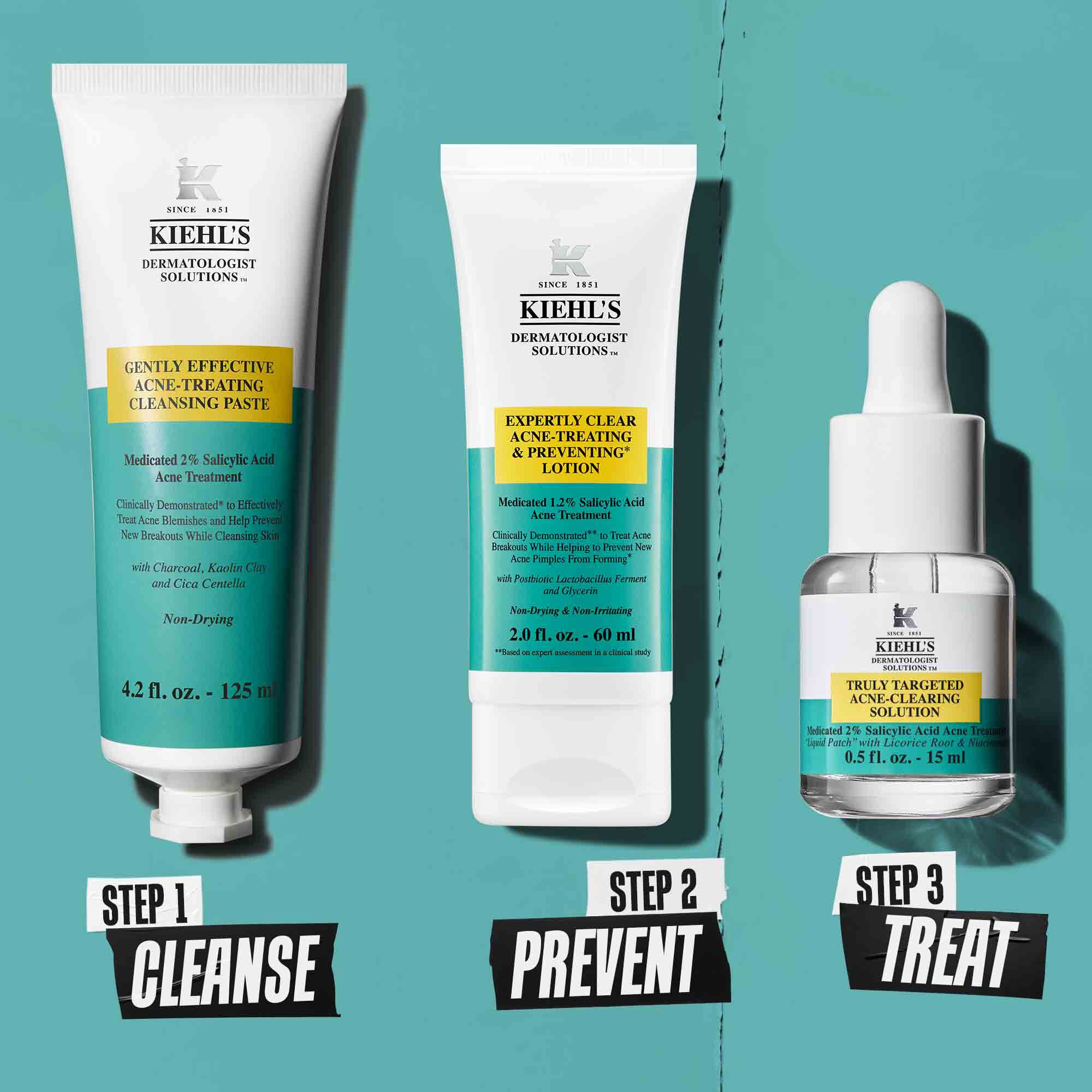 Eine dreistufige Routine zur Beseitigung von Unreinheiten mit Kiehl's Produkten. Schritt 1: Blemish-Treating Cleansing Paste. Schritt 2: Blemish-Treating & Preventing Lotion. Schritt 3: Truly-Targeted Blemish-Clearing Solution.