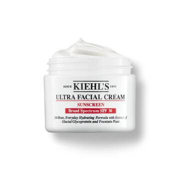 Ein 125-ml-Tiegel Kiehl's Ultra Facial Cream SPF 30 mit aufgeschlagener Textur vor weißem Hintergrund.