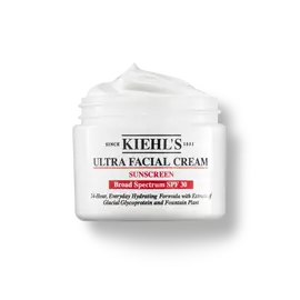 Ein 125-ml-Tiegel Kiehl's Ultra Facial Cream SPF 30 mit aufgeschlagener Textur vor weißem Hintergrund.