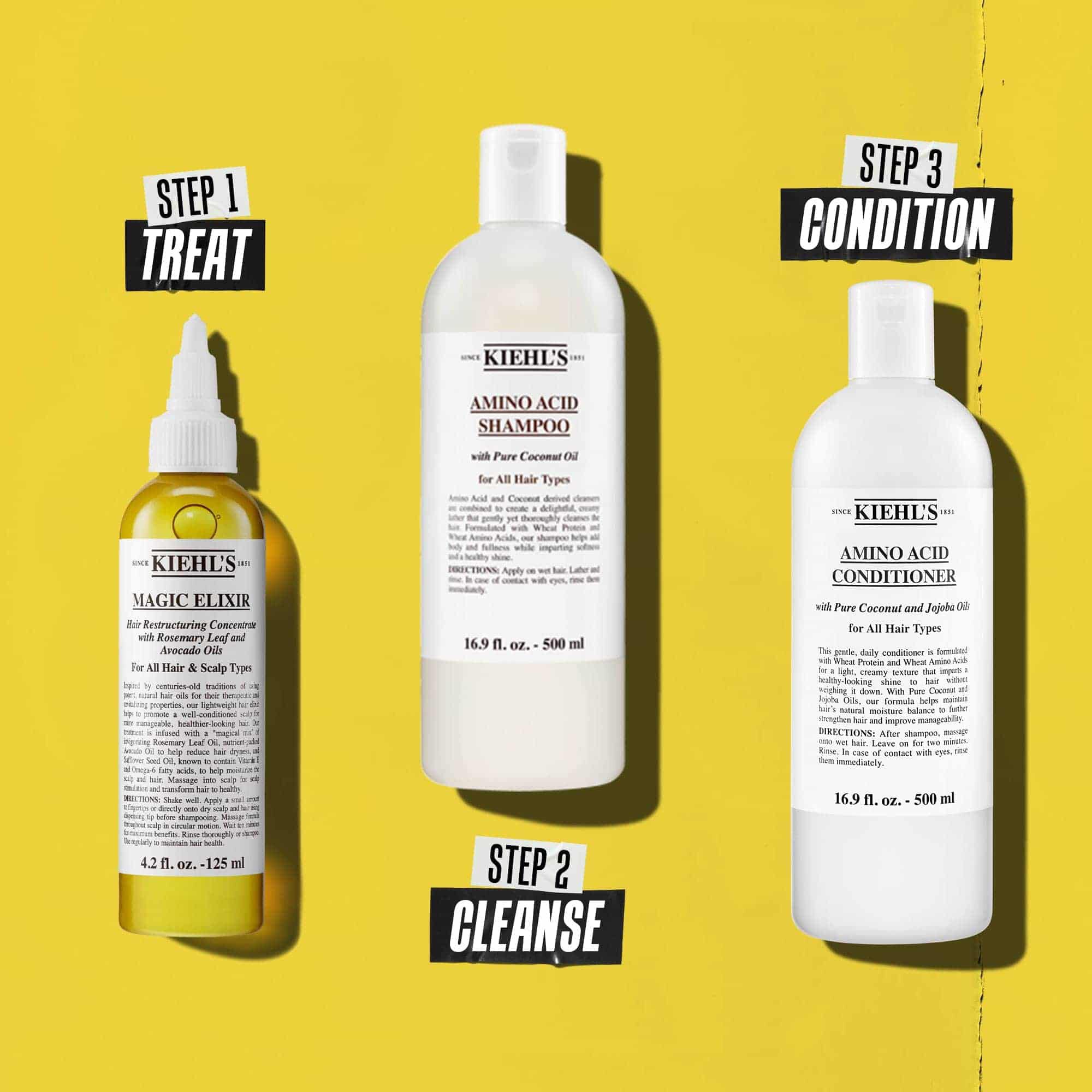 Eine dreistufige Haarpflegeroutine mit Kiehl's Produkten. Schritt 1: Magic Elixir Hair Oil. Schritt 2: Amino Acid Shampoo. Schritt 3: Amino Acid Conditioner. Der Text bezeichnet die Schritte als „Behandeln“, „Reinigen“ und „Pflegen“.