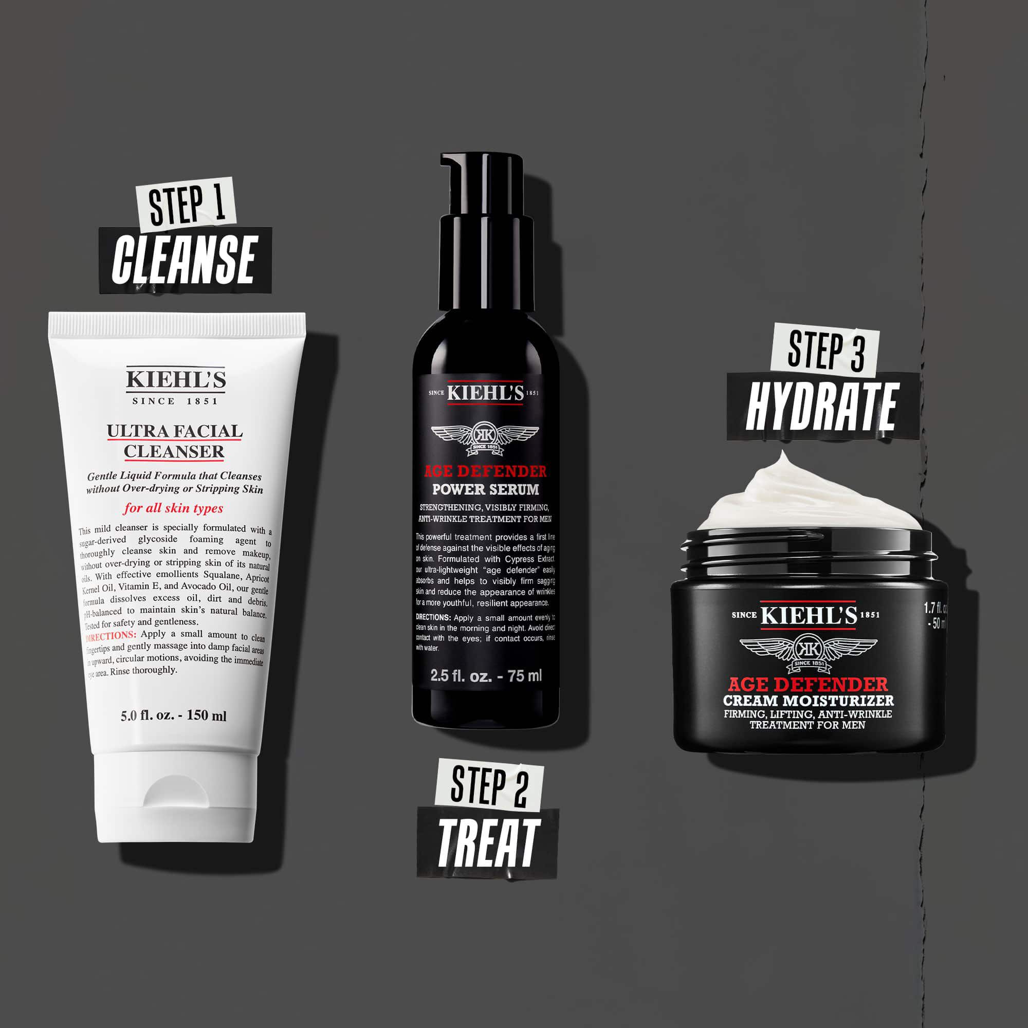 Drei-Schritte Age Defender Routine: Schritt 1: Augenpflege. Schritt 2: Hydratisierendes Serum. Schritt 3: Regenerierende Creme.