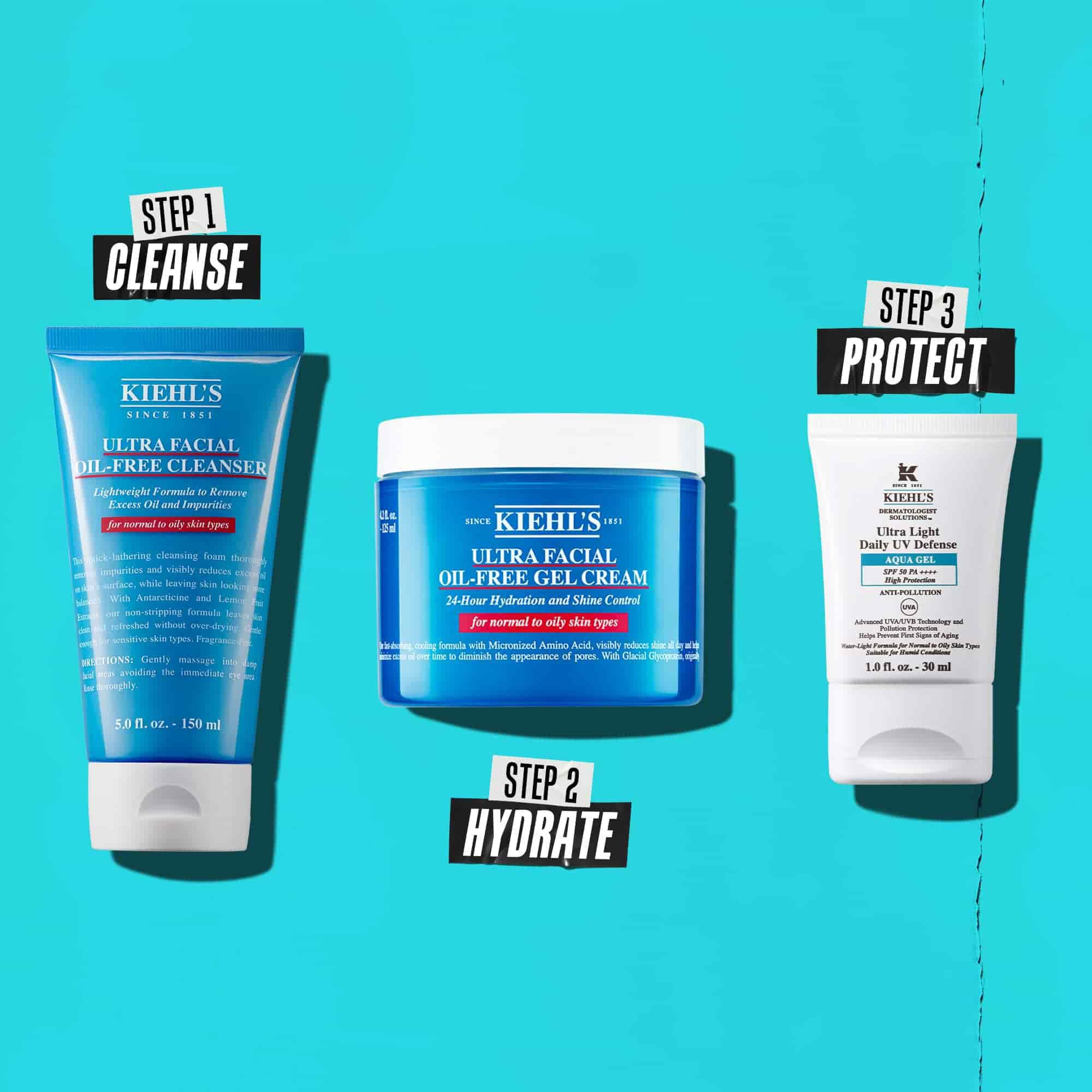 Eine dreistufige Routine mit Kiehl's Produkten. Schritt 1: Ultra Facial Oil-Free Cleanser. Schritt 2: Ultra Facial Oil-Free Gel Cream. Schritt 3: Ultra Light Daily UV Defense Aqua Gel.