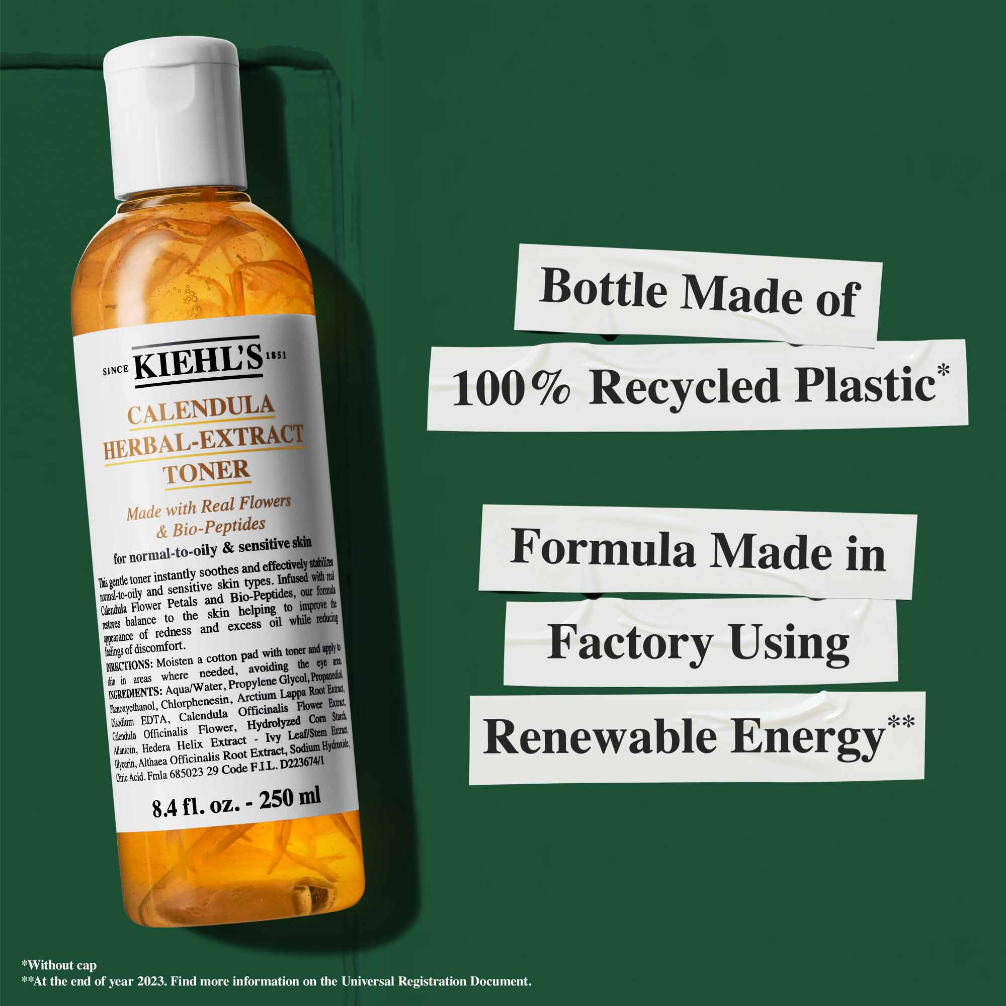 Eine Flasche Calendula Herbal-Extract Toner mit Text, der Nachhaltigkeitsmerkmale hervorhebt: „Flasche aus 100 % recyceltem Kunststoff“ und „Formel hergestellt in einer Fabrik mit erneuerbarer Energie.“