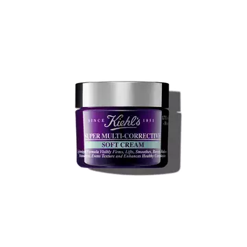 A graphic featuring a purple jar of Kiehl's Super Multi-Corrective Soft Cream with a silver lid and a label with white text that reads “50 ml".