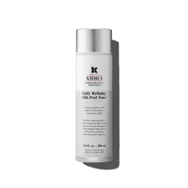 A graphic featuring a frosted bottle of Kiehl's Daily Refining Milk-Peel Toner with a silver cap and a label with black text.