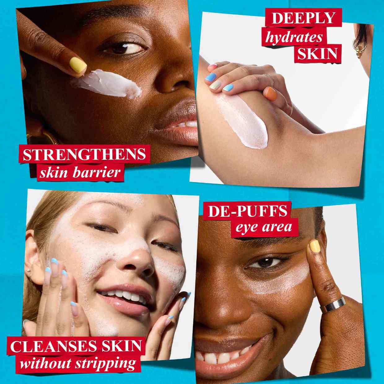 Four panels show diverse individuals using Kiehl's products: applying face cream to strengthen skin barrier, body cream for deep hydration, cleanser for gentle cleansing, and eye cream to de-puff.