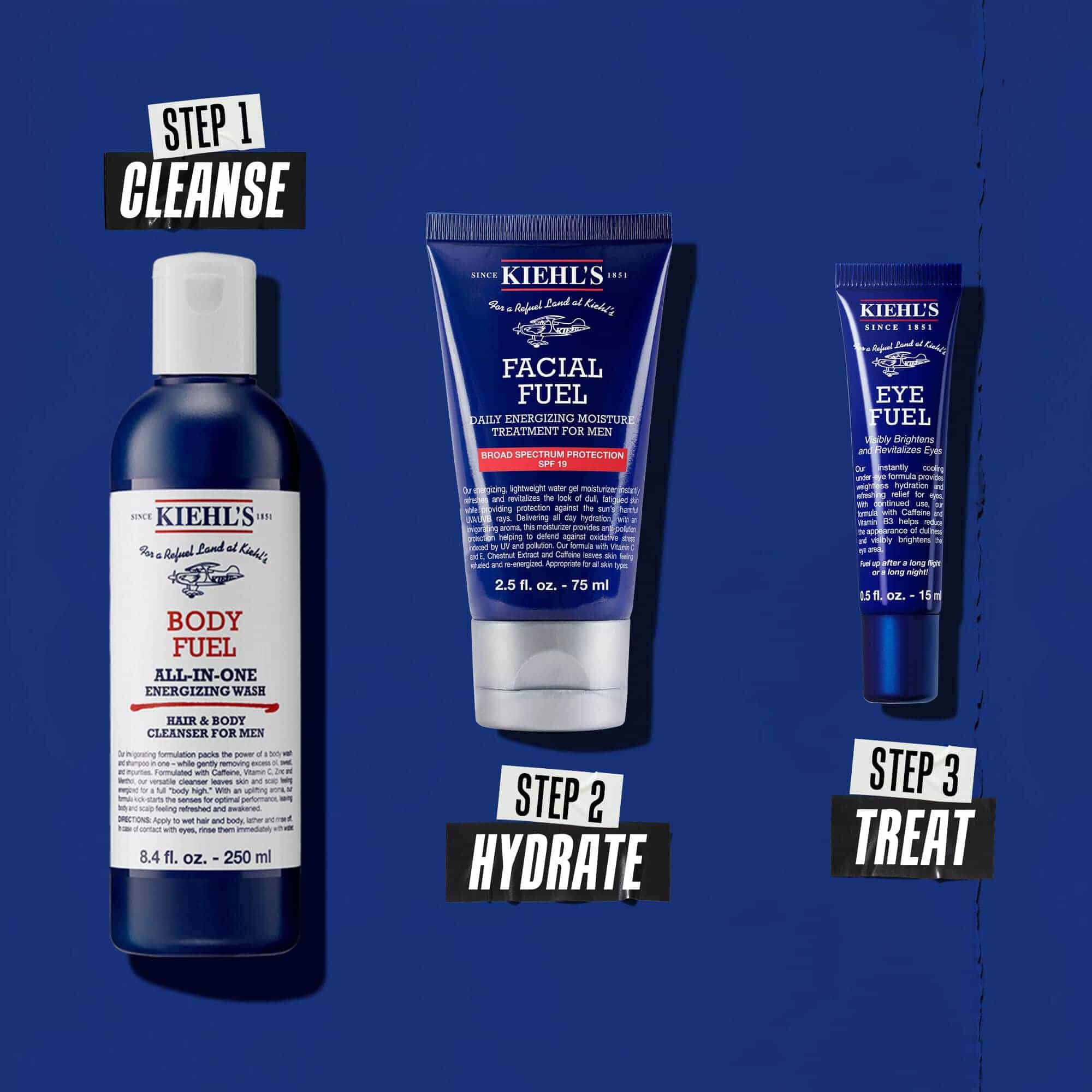 Drei-Schritte Body Fuel Routine: Schritt 1: Waschen. Schritt 2: Pflegen mit Facial Fuel Treatment. Schritt 3: Facial Fuel Eye Fuel Augencreme.