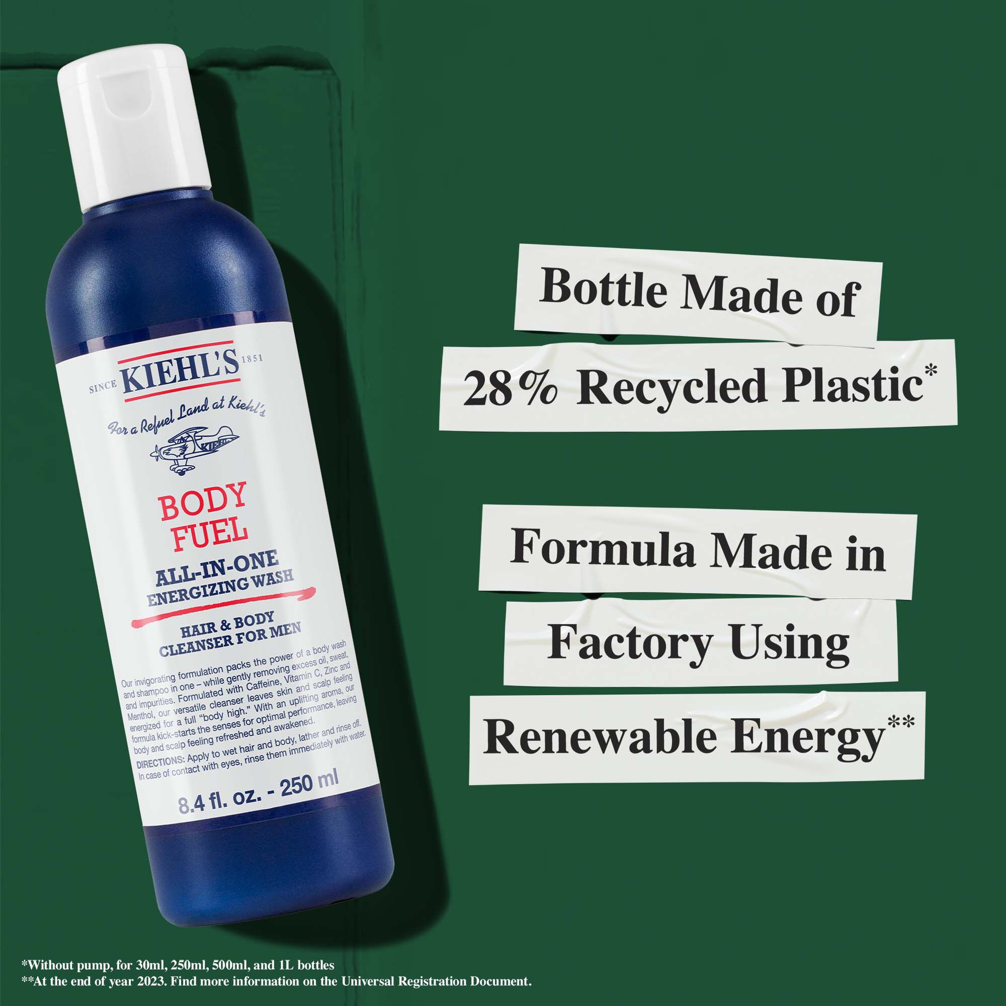 Body Fuel Flasche aus 28 % recyceltem Kunststoff; Formel hergestellt in einem Werk mit erneuerbarer Energie.