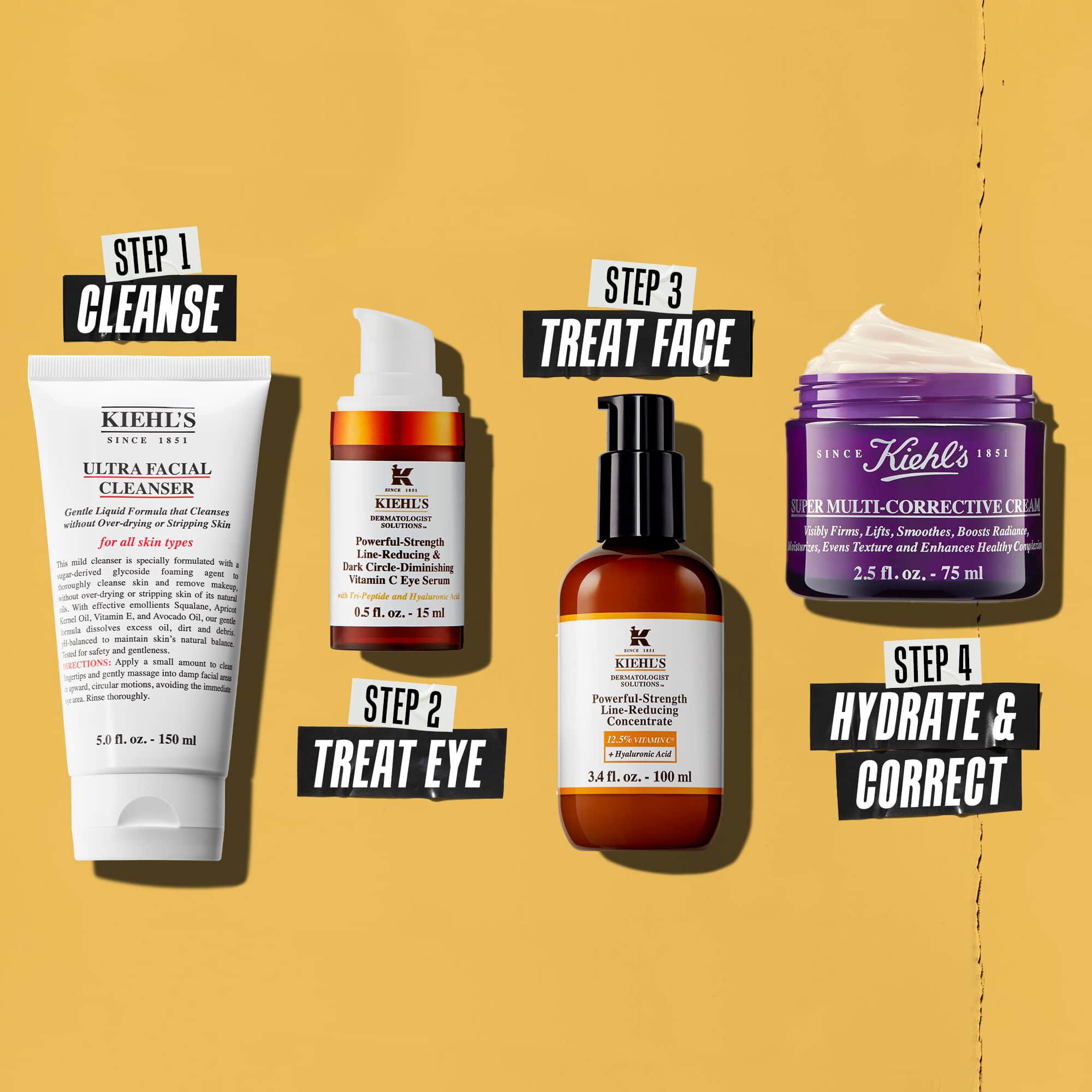 Vier Kiehl's Produkte, die eine Hautpflegeroutine darstellen. Von links nach rechts: Reinigung, Augencreme, Powerful-Strength Line-Reducing Concentrate und Feuchtigkeitscreme.