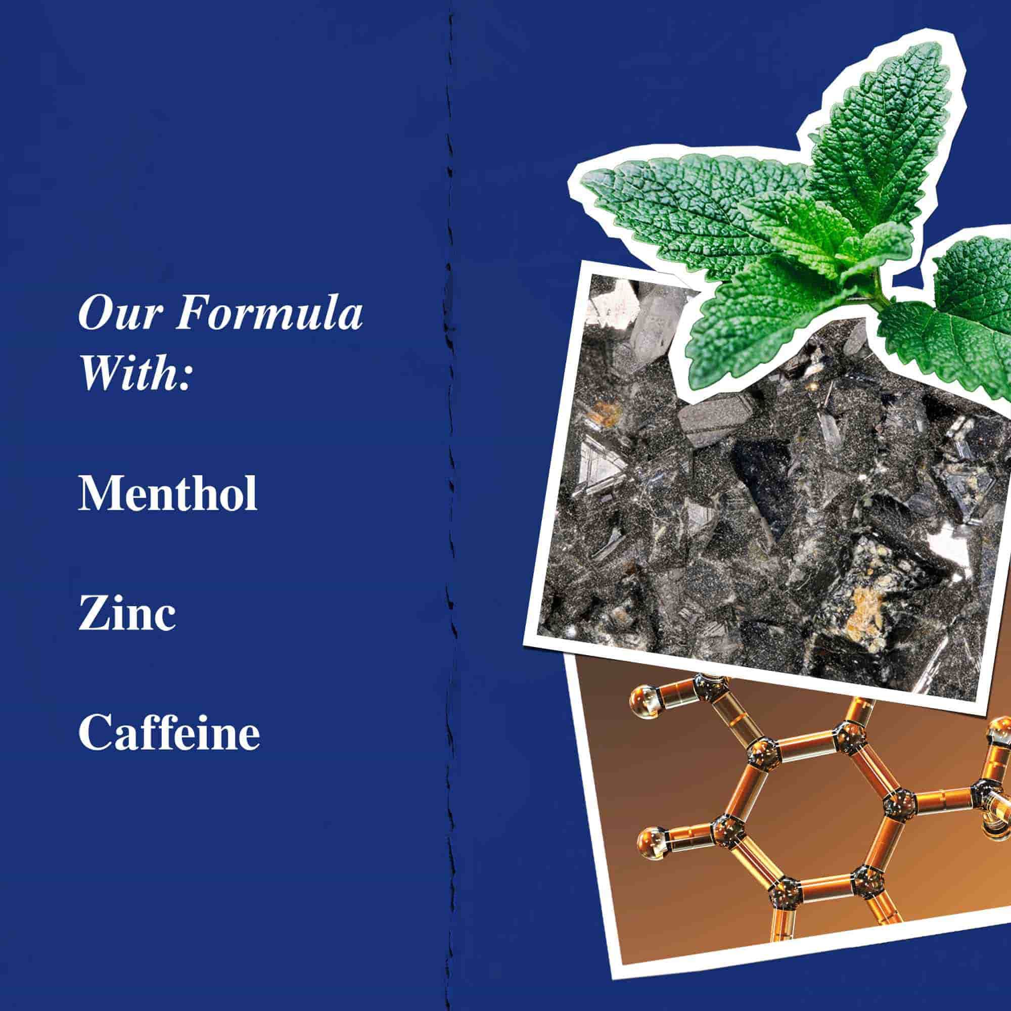 Grafik der Hauptinhaltsstoffe: Menthol, Zink und Koffein.