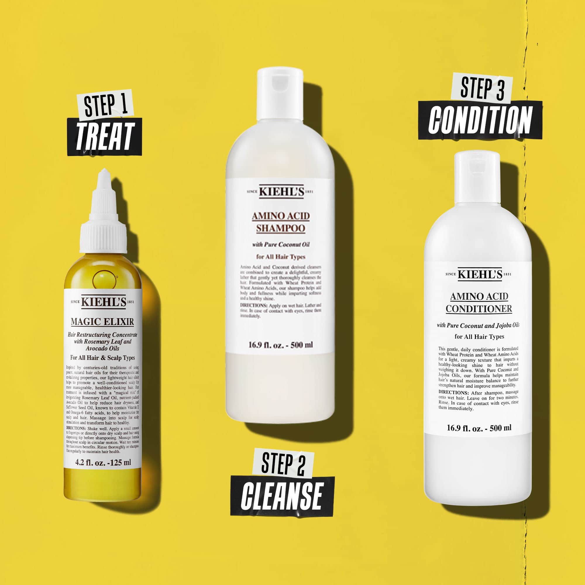 Eine dreistufige Haarpflegeroutine mit Kiehl's Produkten. Schritt 1: Magic Elixir Hair Oil. Schritt 2: Amino Acid Shampoo. Schritt 3: Amino Acid Conditioner. Der Text bezeichnet die Schritte als „Behandeln“, „Reinigen“ und „Pflegen“.