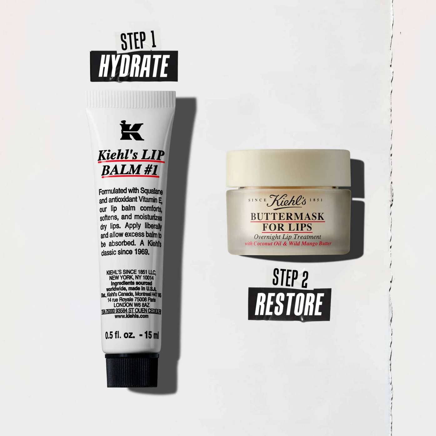 Eine Zwei-Schritte-Routine mit Lip Balm #1 zur Feuchtigkeitspflege und Butter Mask zur Regeneration.