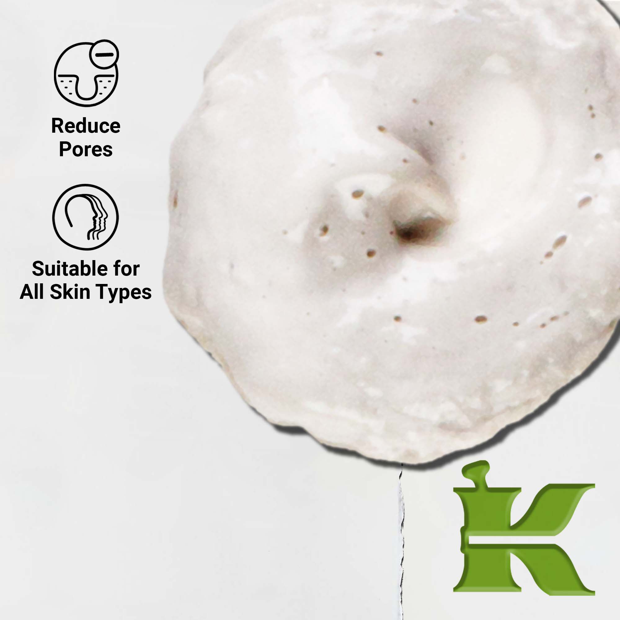 Nahaufnahme der Textur von Rare Earth Deep Pore Daily Cleanser. Der Text hebt die porentiefe Reinigung und die Eignung fur alle Hauttypen hervor.