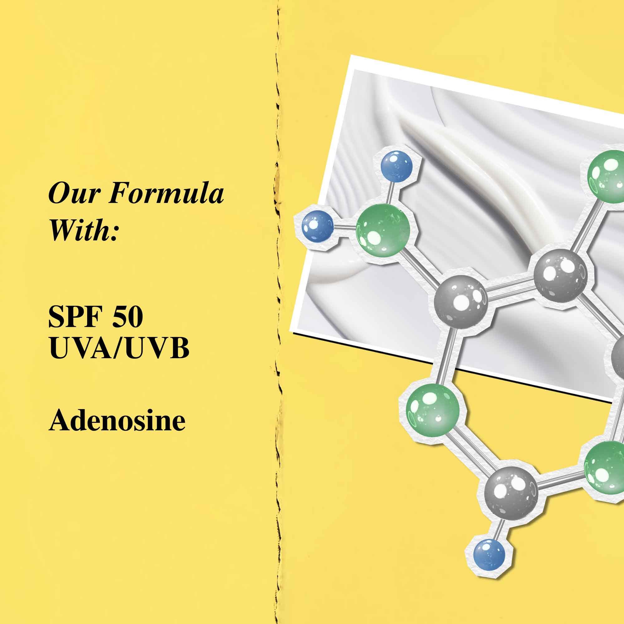 Grafik der Hauptinhaltsstoffe: SPF 50 und Adenosin.