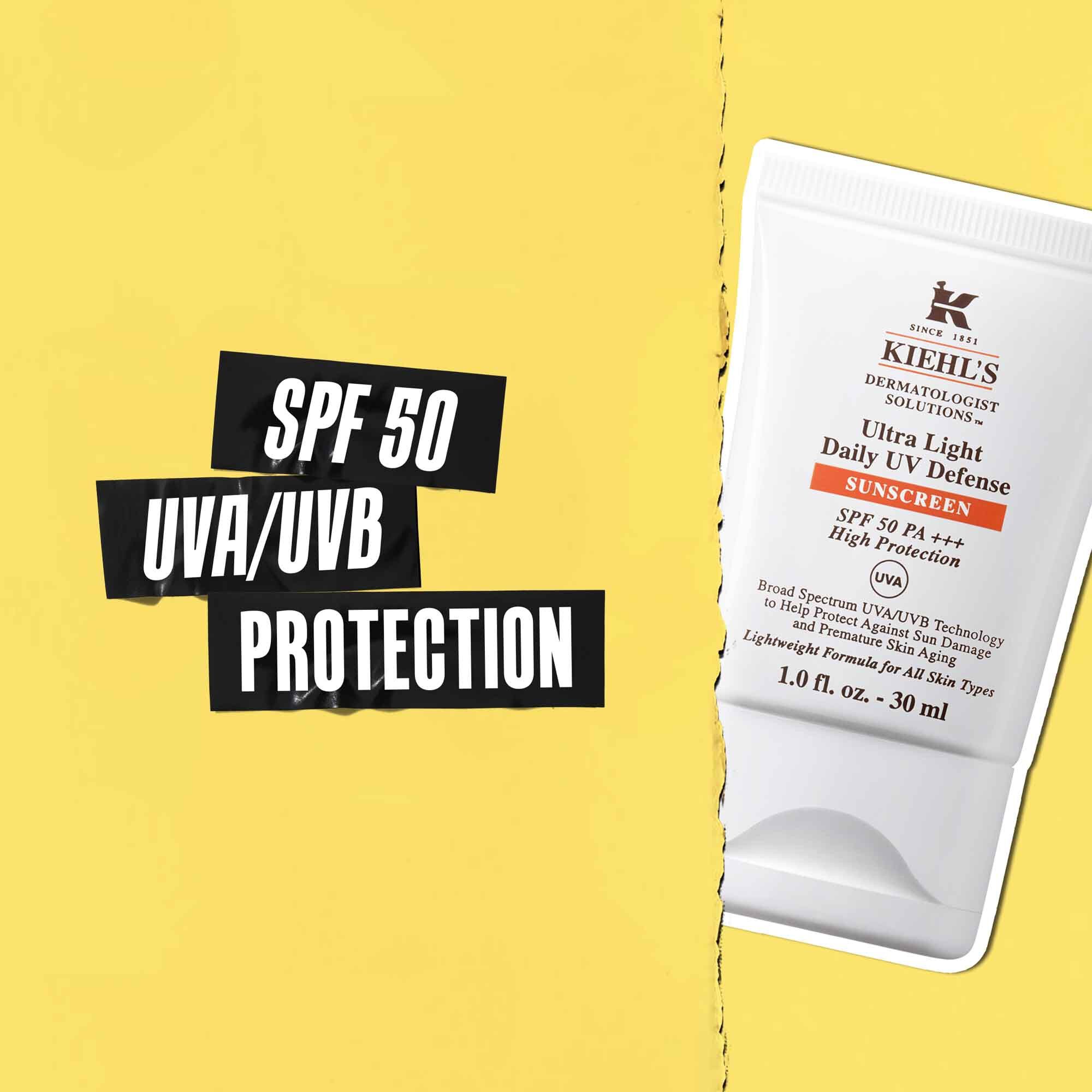 Hinweis auf SPF 50 UVA/UVB-Schutz auf schwarzem Klebeband mit einem Bild der Ultra-Light Daily UV Defense Tube daneben.