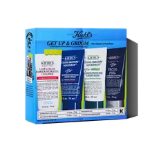 Kiehl's "Get Up & Groom!" men's skincare gift set, featuring four different grooming products in a blue promotional box.