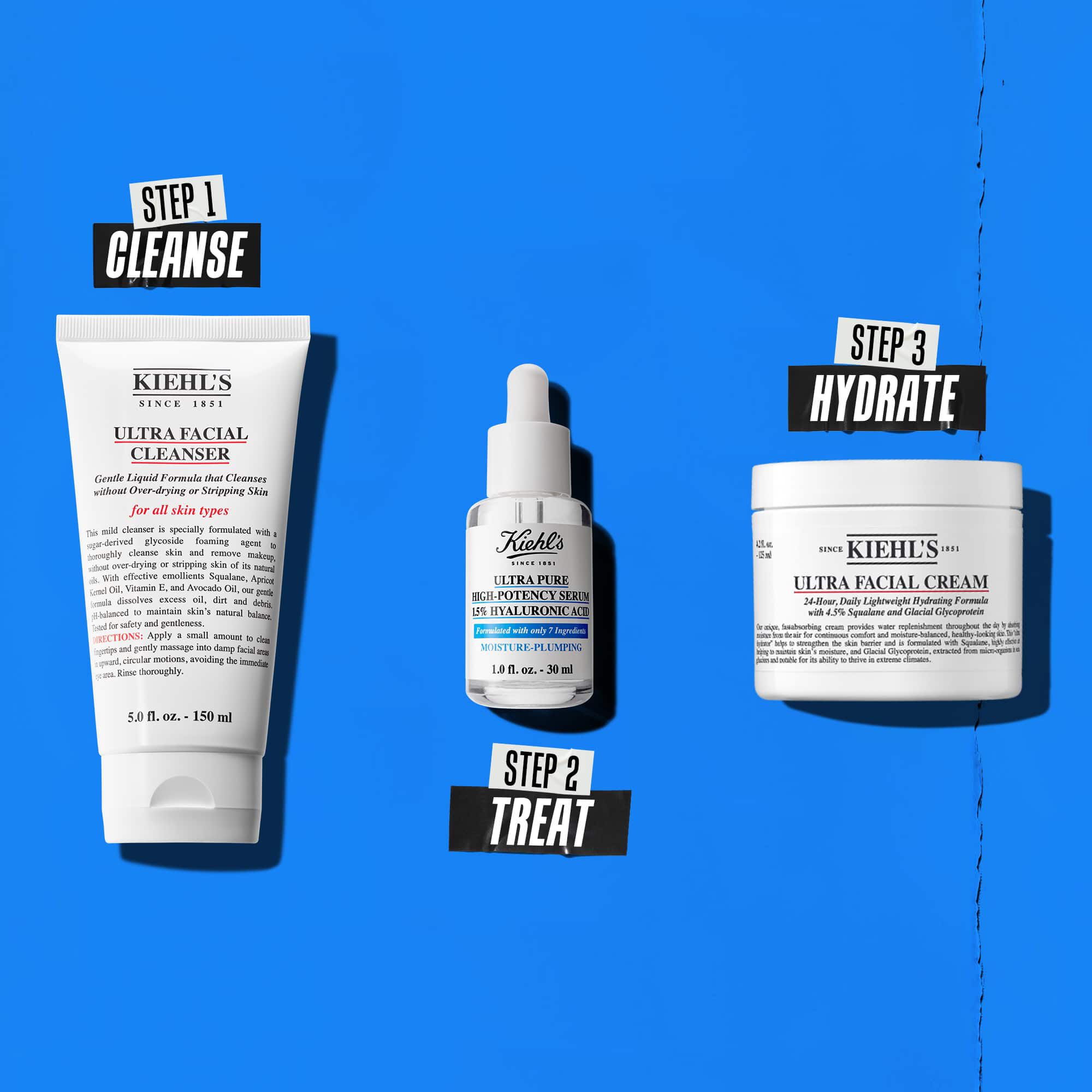 Eine dreistufige Routine mit Kiehl's Produkten. Schritt 1: Ultra Facial Cleanser. Schritt 2: Hyaluronsaure-Serum. Schritt 3: Ultra Facial Cream.