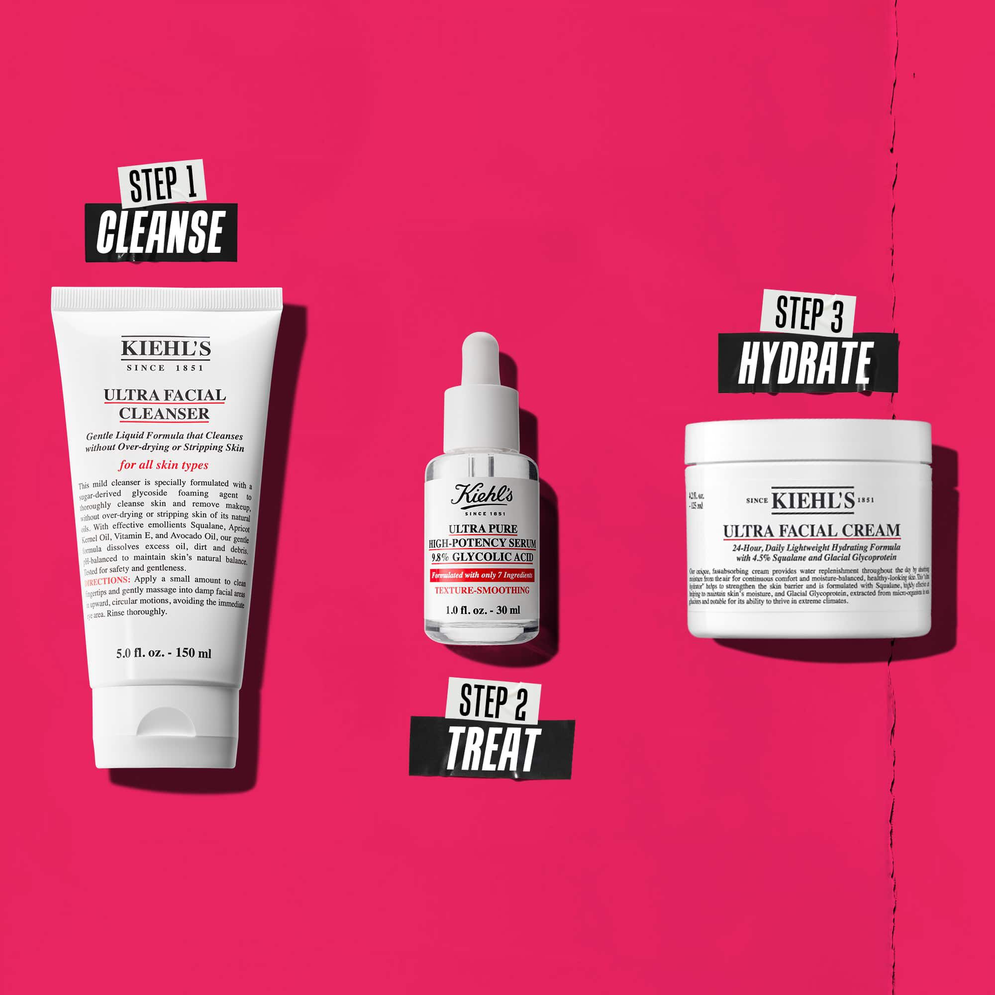 Eine dreistufige Routine mit Kiehl's Produkten. Schritt 1: Ultra Facial Cleanser. Schritt 2: Glykolsaure-Serum. Schritt 3: Ultra Facial Cream.